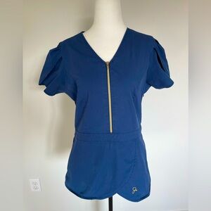 Jaanuu Peplum Blue Front Zip Scrub Top - Size Medium
